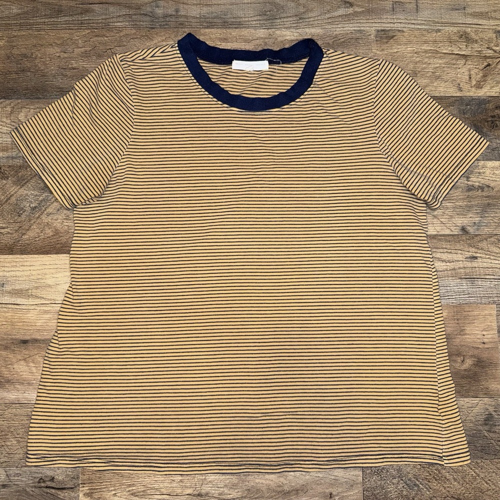 Truly Madly Deeply T Shirt Womens Large Yellow Striped Ringer Tee